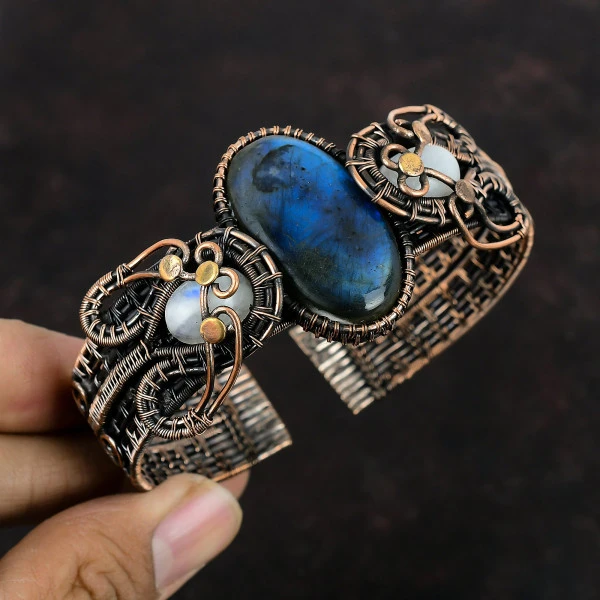 Labradorite Oval Gray Handmade Copper Wire Wrapped Bangle