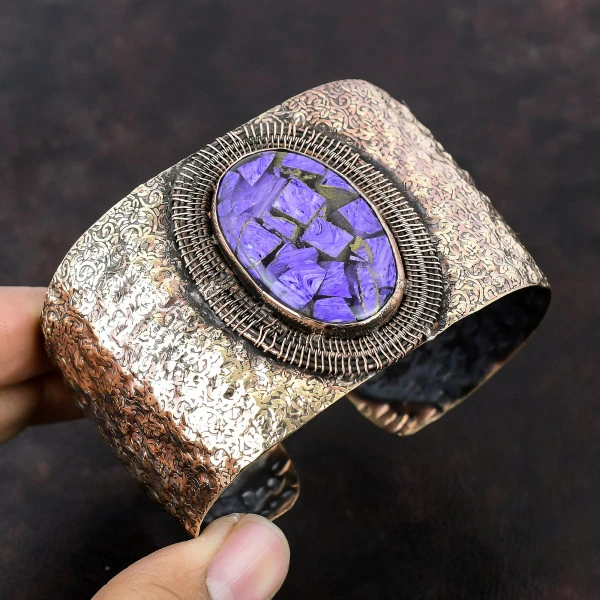 Copper Charoite Oval Purple Handmade Copper Wire Wrapped Bangle