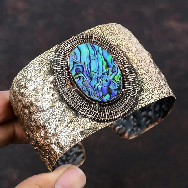 Abalone Shell Oval Green Handmade Copper Wire Wrapped Bangle