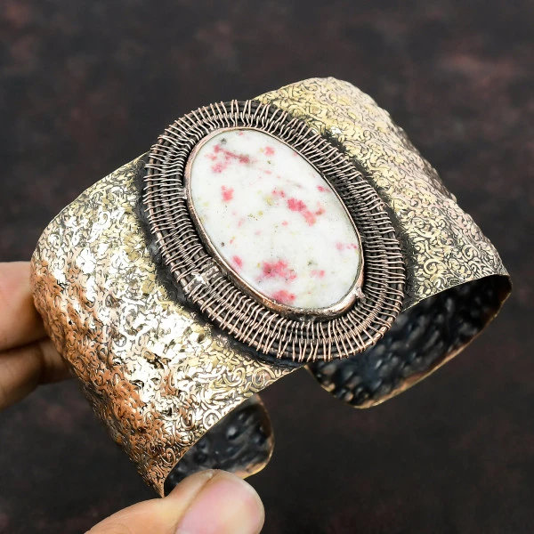Cinnabar Oval White Handmade Copper Wire Wrapped Bangle