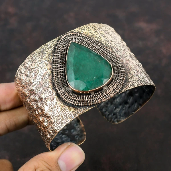 Zambian Emerald Pear Green Handmade Copper Wire Wrapped Bangle