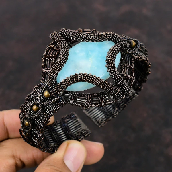 Larimar Oval Blue Handmade Copper Wire Wrapped Bangle