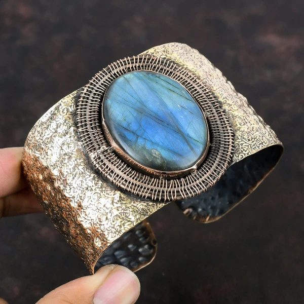 Labradorite Oval Gray Handmade Copper Wire Wrapped Bangle