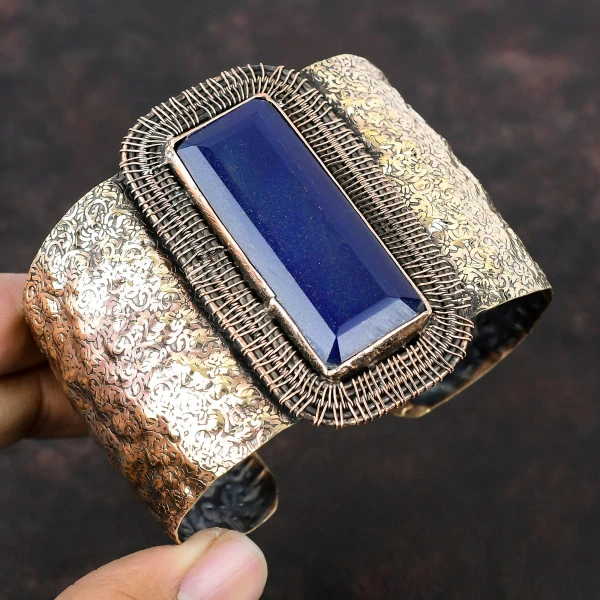Blue Sapphire Rectangle Blue Handmade Copper Wire Wrapped Bangle