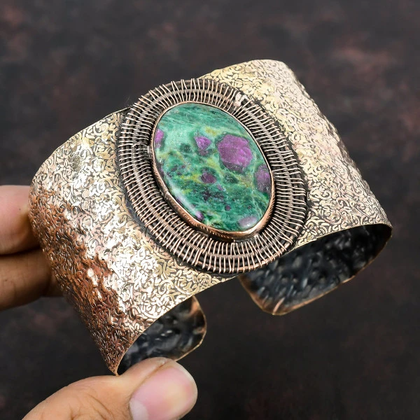 Ruby Fuchsite Oval Green Handmade Copper Wire Wrapped Bangle