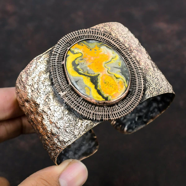 Bumble Bee Jasper Oval Yellow Handmade Copper Wire Wrapped Bangle