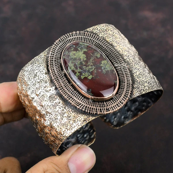 Dragon Bloodstone Oval Green Handmade Copper Wire Wrapped Bangle