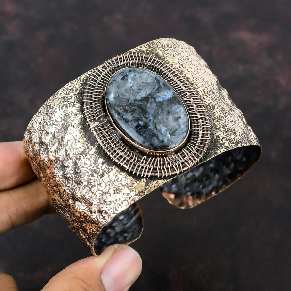 Larvikite Oval Gray Handmade Copper Wire Wrapped Bangle