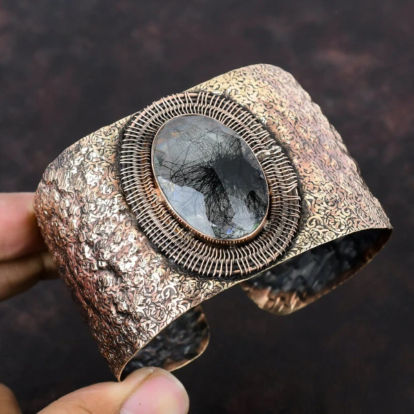 Black Rutile Oval Black Handmade Copper Wire Wrapped Bangle