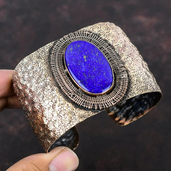 Lapis Lazuli Oval Blue Handmade Copper Wire Wrapped Bangle