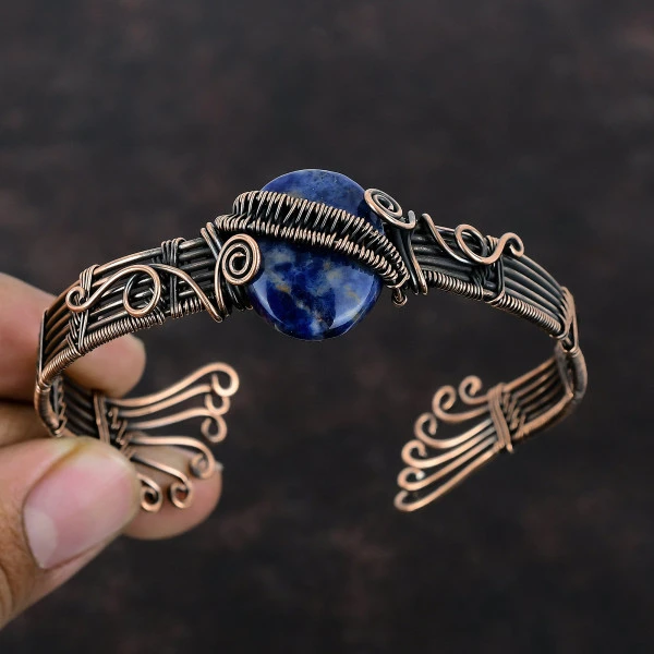 Sodalite Oval Blue Handmade Copper Wire Wrapped Bangle