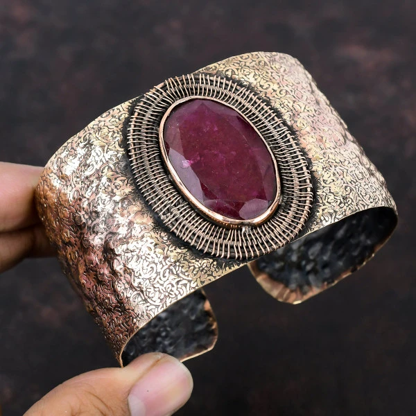 Kashmir Ruby Oval Red Handmade Copper Wire Wrapped Bangle