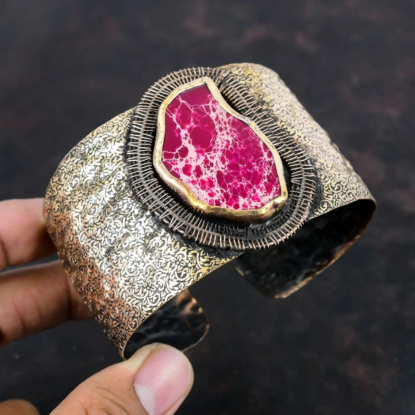 Pink Sea Sediment Jasper Pentagon Pink Handmade Copper Wire Wrapped Bangle