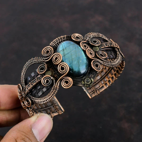 Labradorite Oval Gray Handmade Copper Wire Wrapped Bangle