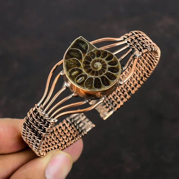 Ammonite Fossil Pear Brown Handmade Copper Wire Wrapped Bangle