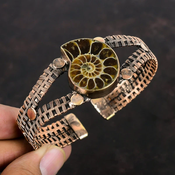 Ammonite Fossil Pear Brown Handmade Copper Wire Wrapped Bangle