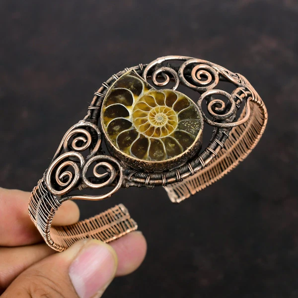 Ammonite Fossil Pear Brown Handmade Copper Wire Wrapped Bangle