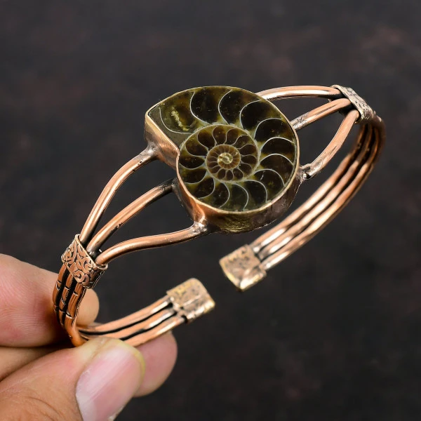 Ammonite Fossil Pear Brown Handmade Copper Wire Wrapped Bangle