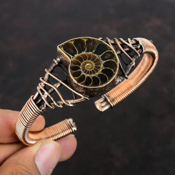 Ammonite Fossil Pear Brown Handmade Copper Wire Wrapped Bangle