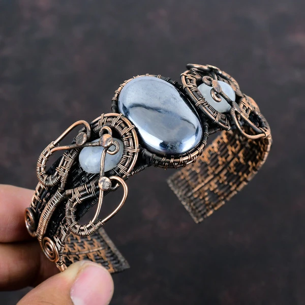 Shungite Oval Black Handmade Copper Wire Wrapped Bangle