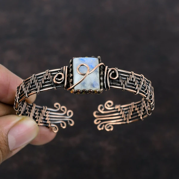 Rainbow Moonstone Rectangle White Handmade Copper Wire Wrapped Bangle