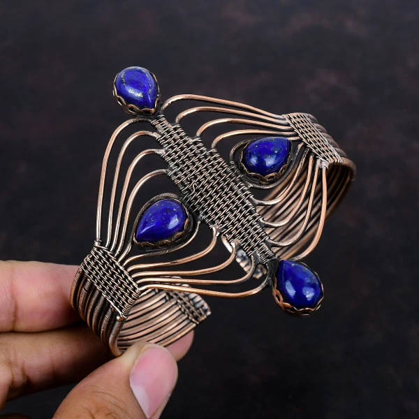 Lapis Lazuli Pear Blue Handmade Copper Wire Wrapped Bangle