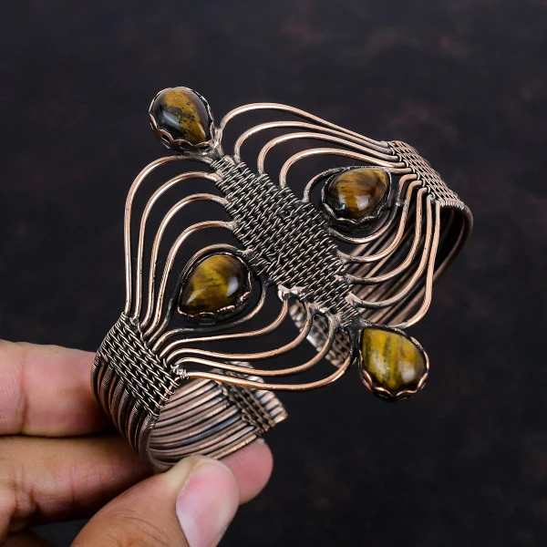 Tiger's Eye Pear Yellow Handmade Copper Wire Wrapped Bangle