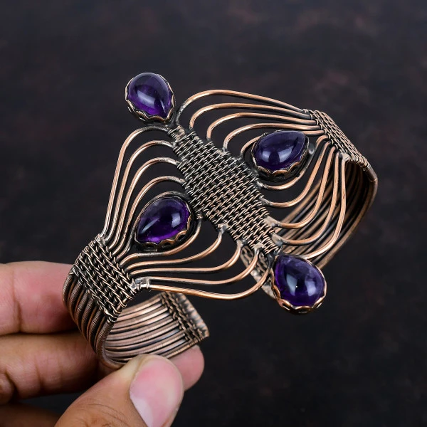 African Amethyst Pear Purple Handmade Copper Wire Wrapped Bangle
