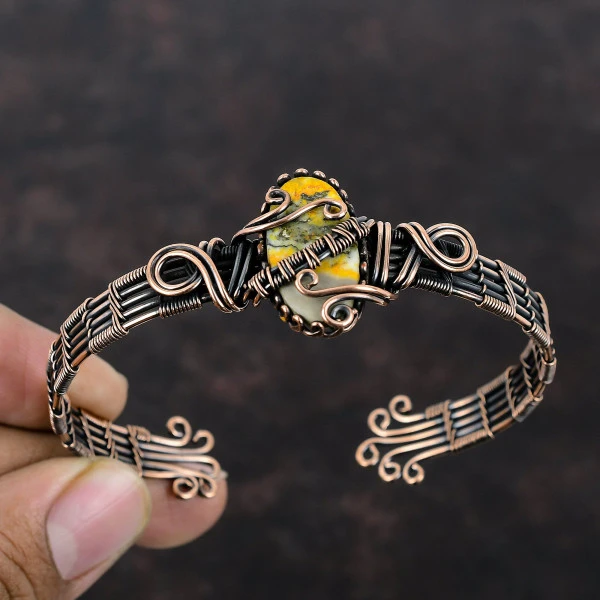 Bumble Bee Jasper Oval Yellow Handmade Copper Wire Wrapped Bangle