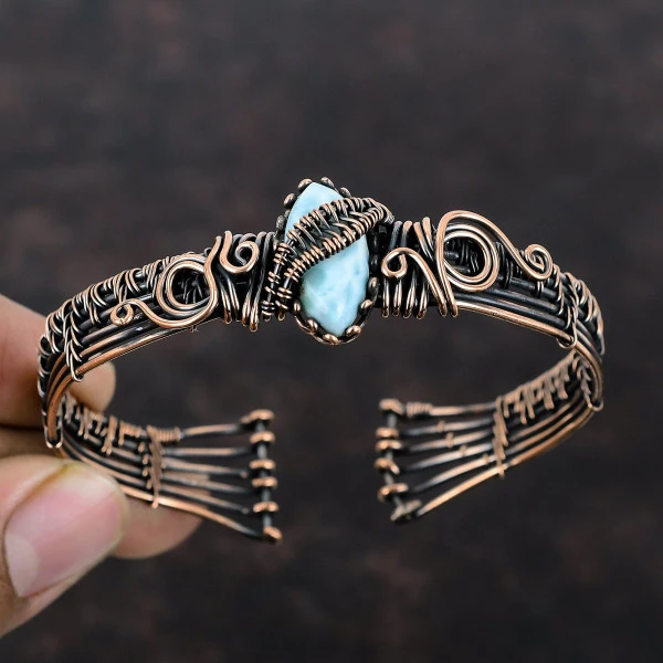 Larimar Marquise Blue Handmade Copper Wire Wrapped Bangle