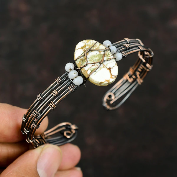 Wild Horse Magnesite Oval White Handmade Copper Wire Wrapped Bangle