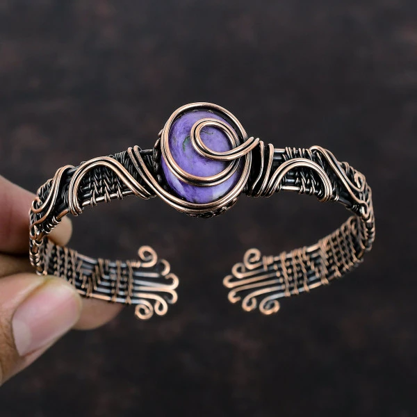 Charoite Oval Purple Handmade Copper Wire Wrapped Bangle