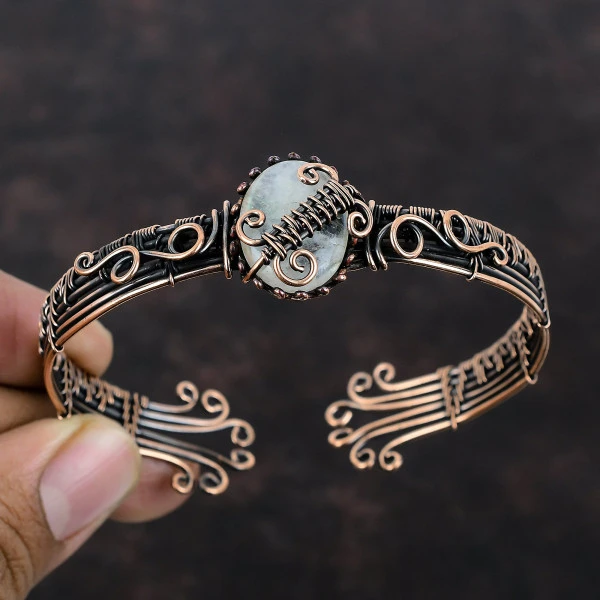Rainbow Moonstone Oval White Handmade Copper Wire Wrapped Bangle