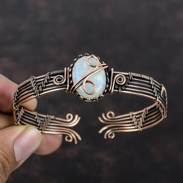 Rainbow Moonstone Oval White Handmade Copper Wire Wrapped Bangle