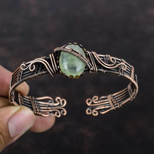 Prehnite Oval Green Handmade Copper Wire Wrapped Bangle