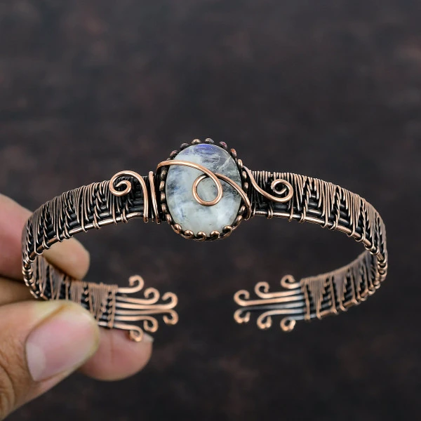 Rainbow Moonstone Oval White Handmade Copper Wire Wrapped Bangle
