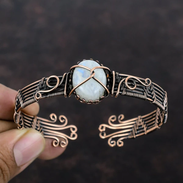 Rainbow Moonstone Oval White Handmade Copper Wire Wrapped Bangle