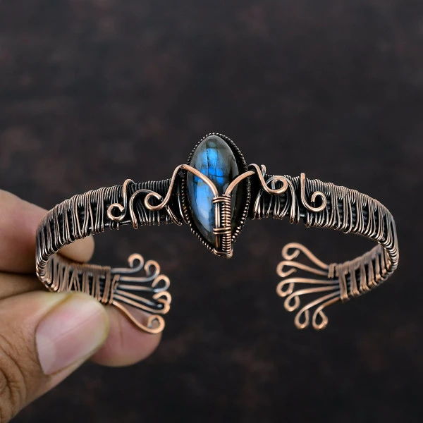 Labradorite Marquise Blue Handmade Copper Wire Wrapped Bangle