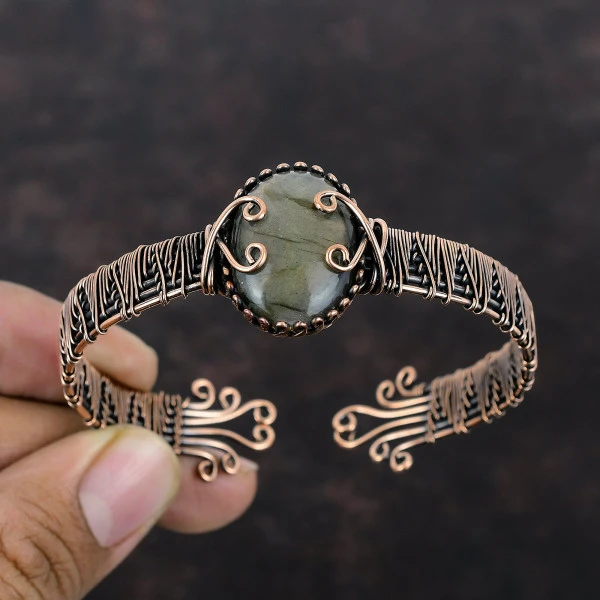 Labradorite Oval Gray Handmade Copper Wire Wrapped Bangle