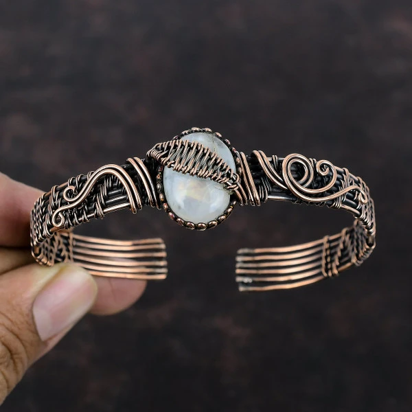 Rainbow Moonstone Oval White Handmade Copper Wire Wrapped Bangle