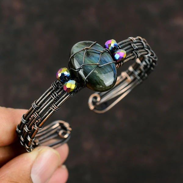 Labradorite Oval Gray Handmade Copper Wire Wrapped Bangle