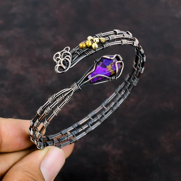 Copper Purple Turquoise Pentagon Purple Handmade Copper Wire Wrapped Bangle