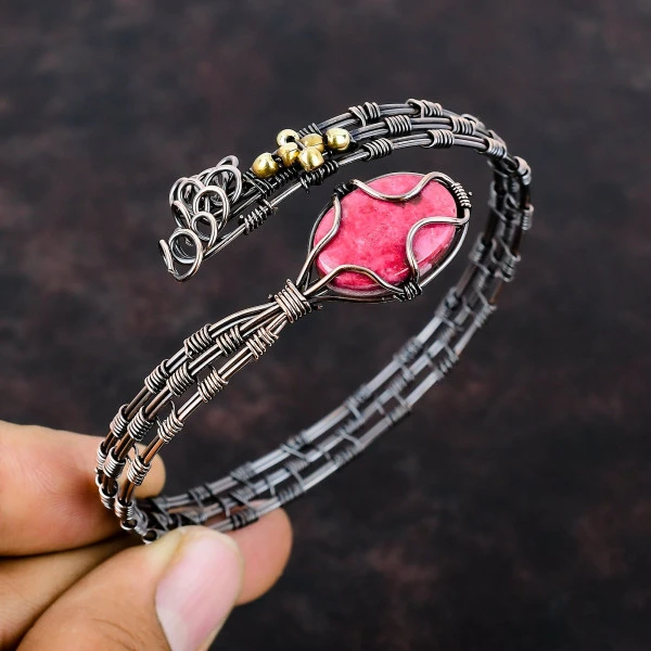Thulite Oval Pink Handmade Copper Wire Wrapped Bangle
