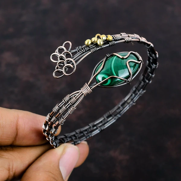Malachite Oval Green Handmade Copper Wire Wrapped Bangle