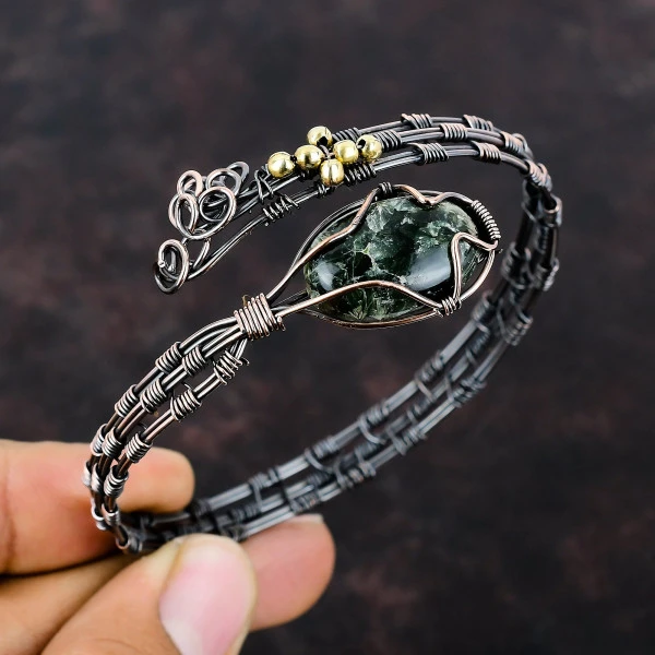Seraphinite Oval Green Handmade Copper Wire Wrapped Bangle