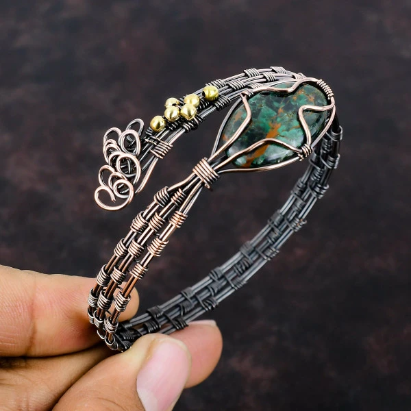 Cuprite Chrysocolla Oval Green Handmade Copper Wire Wrapped Bangle