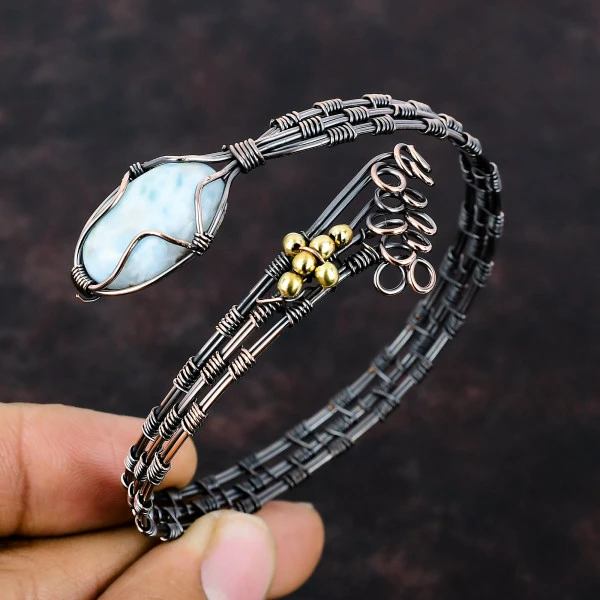 Larimar Oval Blue Handmade Copper Wire Wrapped Bangle
