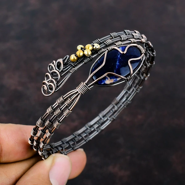 Sodalite Oval Blue Handmade Copper Wire Wrapped Bangle