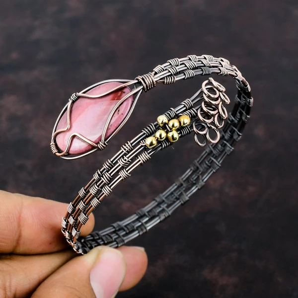 Mookaite Oval Pink Handmade Copper Wire Wrapped Bangle