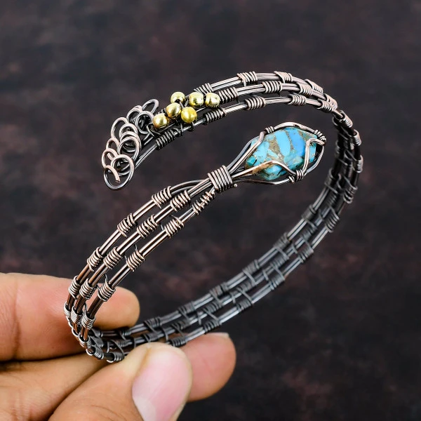 Copper Blue Turquoise Hexagon Blue Handmade Copper Wire Wrapped Bangle